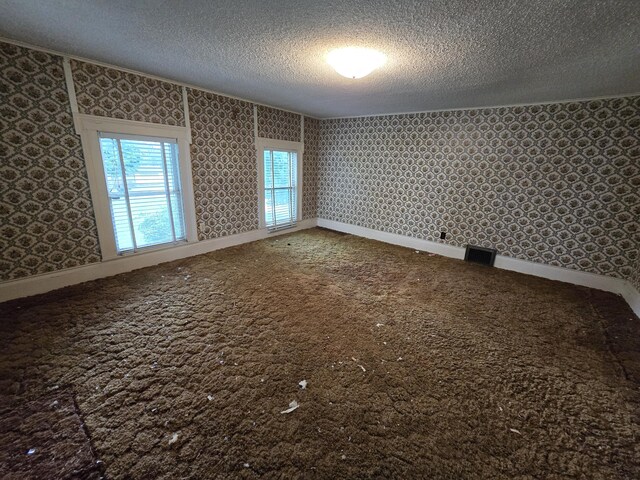 103 S Railroad St, Allen, MI 49227 - spare room featuring a textured ceiling, wallpapered walls, baseboards, and carpet