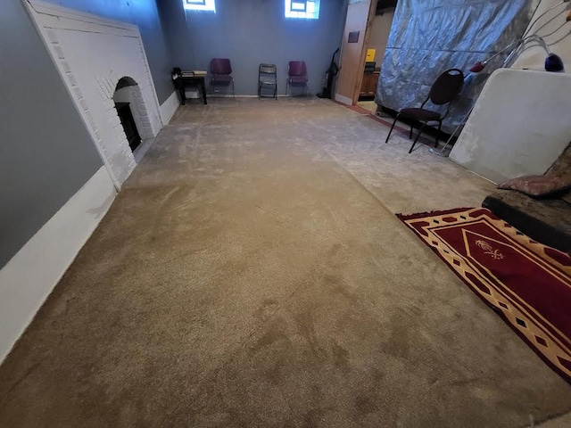 7603 Kentucky St, Dearborn, MI 48126 - below grade area featuring a brick fireplace and carpet floors