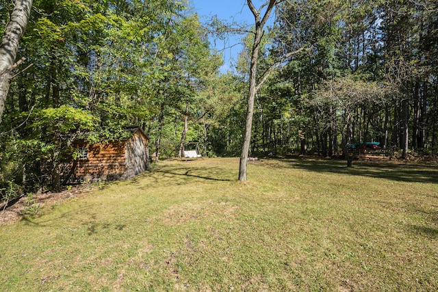 view of yard featuring a shed