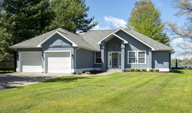 7515 Bay Mdw, Canadian Lakes, MI 49346 - ranch-style house featuring an attached garage, concrete driveway, a front yard, and a shingled roof