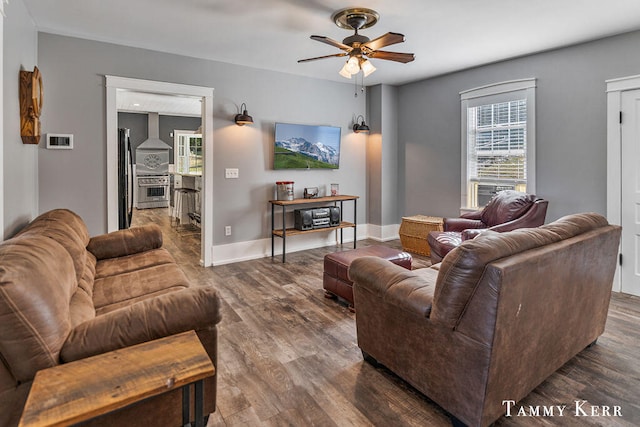 living room featuring ceiling fan and dark hardwood / wood-style flooring