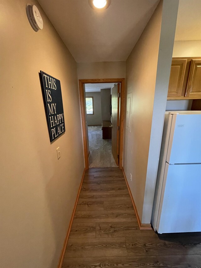 737 Maplewood Ln, Kewadin, MI 49648 - hall featuring dark wood-style flooring and baseboards