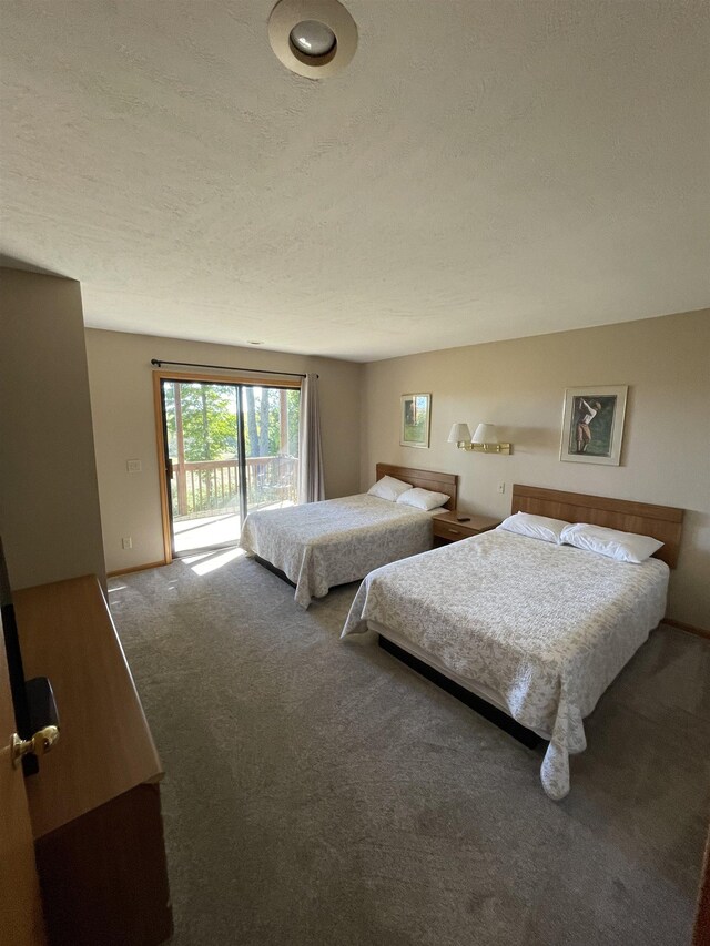 737 Maplewood Ln, Kewadin, MI 49648 - carpeted bedroom with access to exterior and a textured ceiling