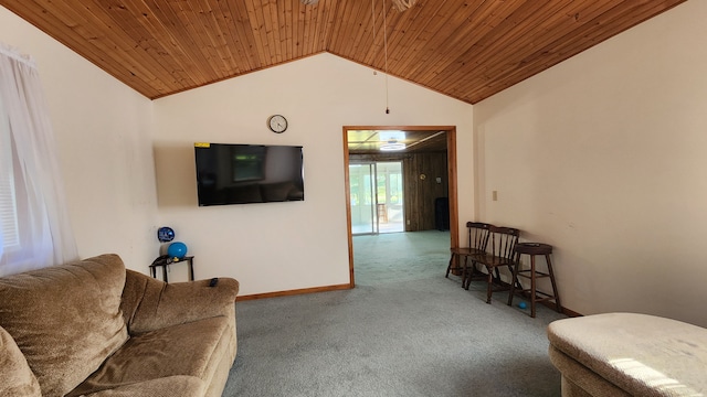 sitting room featuring carpet flooring, wooden ceiling, and vaulted ceiling