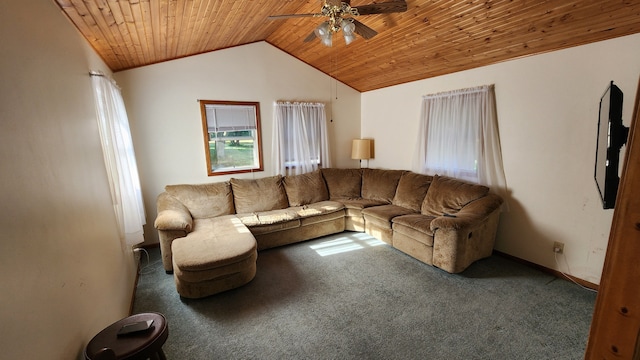 living room featuring carpet flooring, vaulted ceiling, ceiling fan, and wooden ceiling