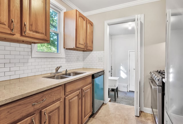 kitchen with light stone countertops, backsplash, stainless steel appliances, crown molding, and sink