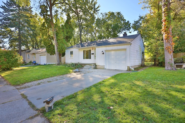 ranch-style home featuring a front yard and a garage