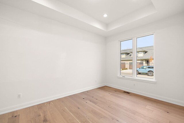 spare room featuring a tray ceiling and light hardwood / wood-style flooring