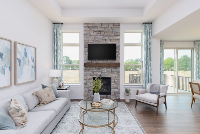 living room featuring wood-type flooring, a stone fireplace, and a raised ceiling