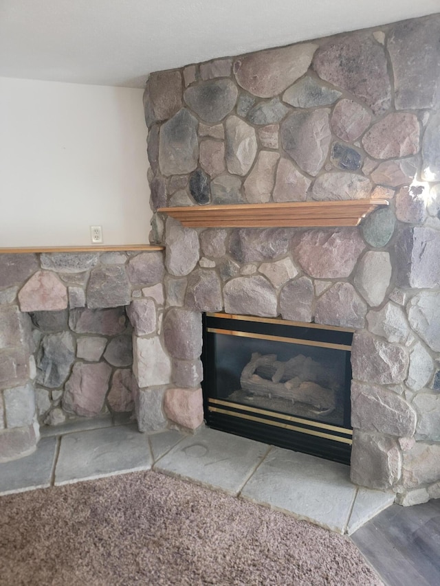 interior details with a stone fireplace and wood finished floors