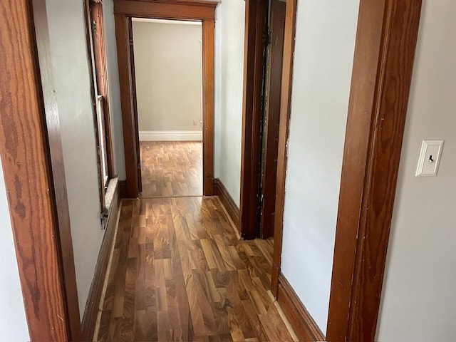 hallway with dark wood-type flooring