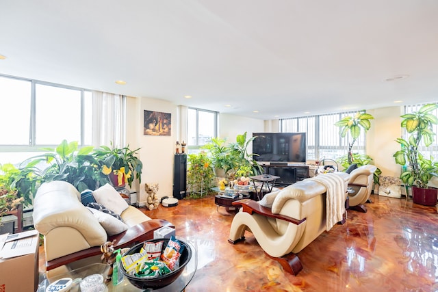 living room with a wall of windows and a healthy amount of sunlight