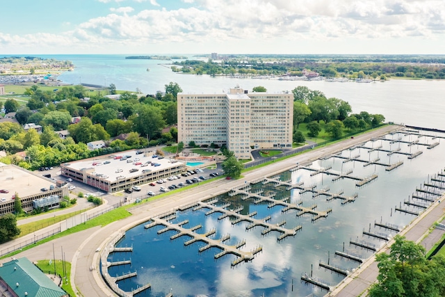 birds eye view of property featuring a water view