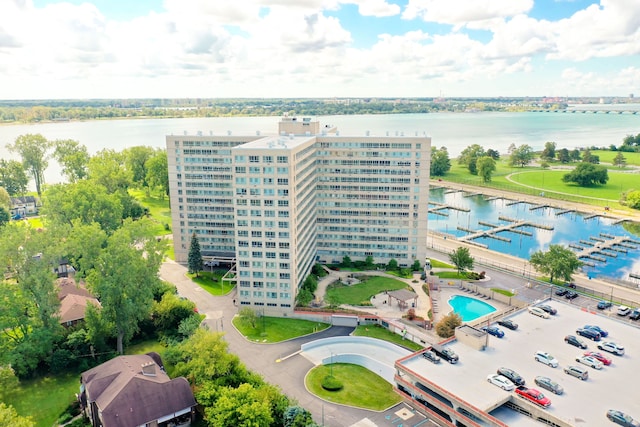 drone / aerial view featuring a water view