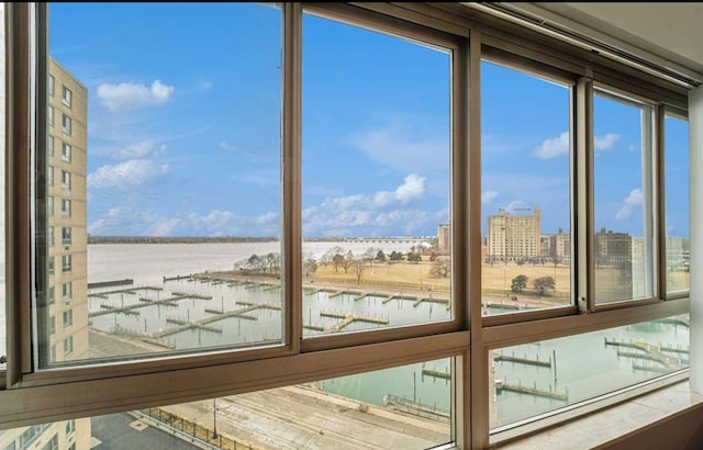 interior space featuring a water view