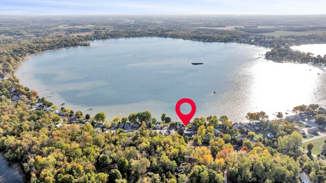 birds eye view of property with a water view and a forest view