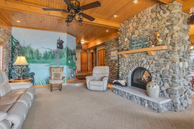 carpeted living area featuring wooden ceiling, a fireplace, beam ceiling, and recessed lighting