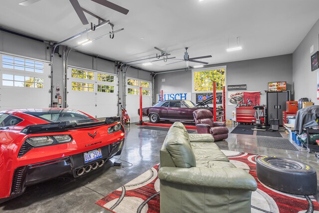 garage with ceiling fan