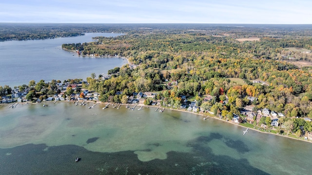 birds eye view of property with a water view and a view of trees