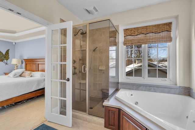 bathroom with tile patterned floors, a jetted tub, ensuite bathroom, crown molding, and a shower stall