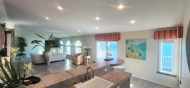 5578 Lake Shore Dr, Weidman, MI 48893 - kitchen with a sink, stone tile flooring, recessed lighting, baseboards, and a textured ceiling