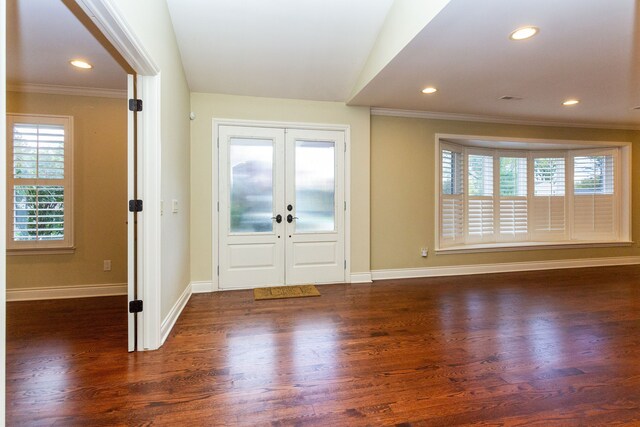 4345 Pine Tree Trl, Bloomfield Hills, MI 48302 - entryway with crown molding, baseboards, wood finished floors, recessed lighting, and french doors