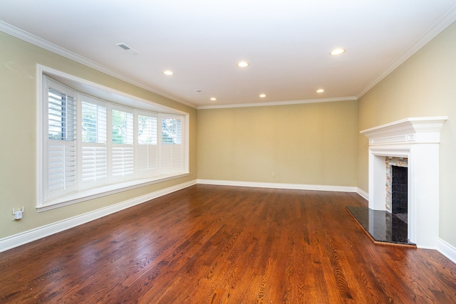 4345 Pine Tree Trl, Bloomfield Hills, MI 48302 - unfurnished living room featuring a fireplace with raised hearth, dark wood-type flooring, crown molding, baseboards, and recessed lighting