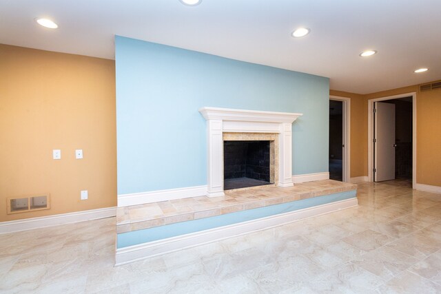 4345 Pine Tree Trl, Bloomfield Hills, MI 48302 - unfurnished living room with recessed lighting, a tile fireplace, and baseboards