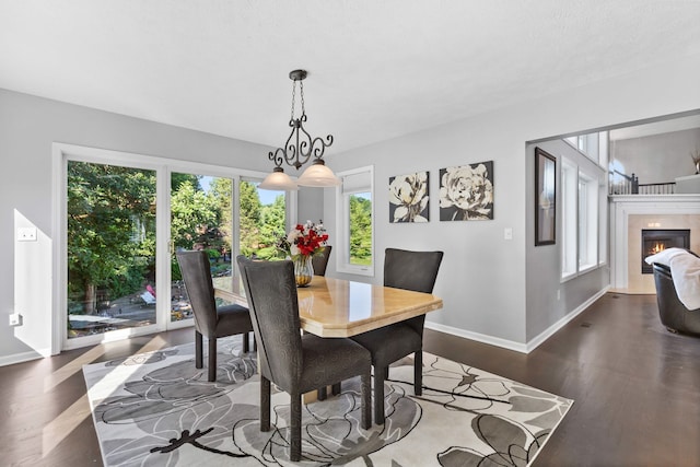 dining space featuring dark hardwood / wood-style flooring and a high end fireplace