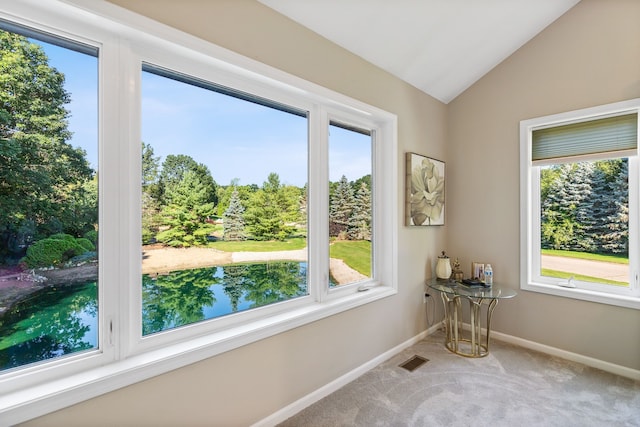 unfurnished sunroom featuring vaulted ceiling and plenty of natural light