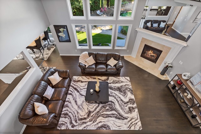 living room with dark hardwood / wood-style floors and a fireplace