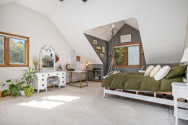 bedroom with carpet flooring and lofted ceiling