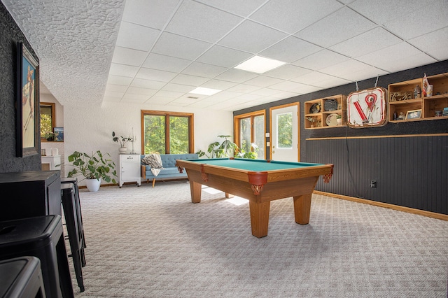 recreation room with carpet flooring, a drop ceiling, and billiards