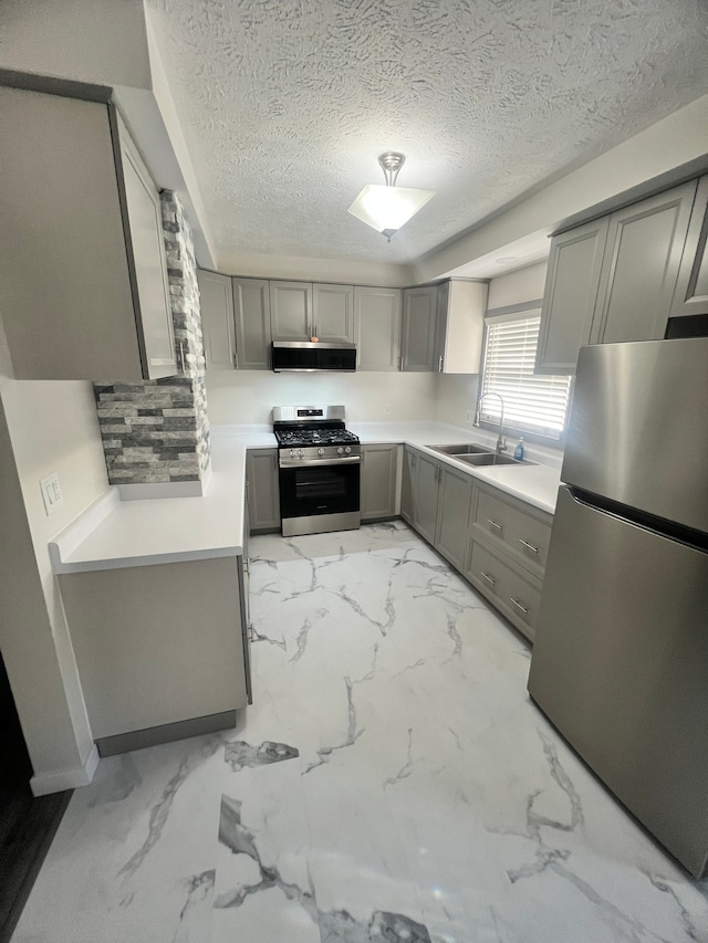 kitchen with appliances with stainless steel finishes, backsplash, gray cabinetry, a textured ceiling, and sink