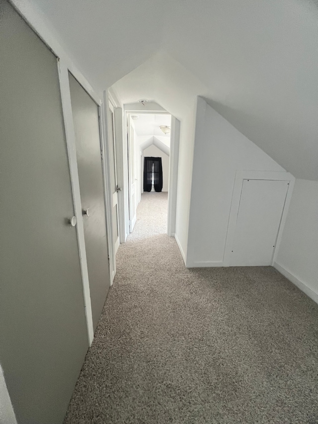 hall featuring carpet and vaulted ceiling