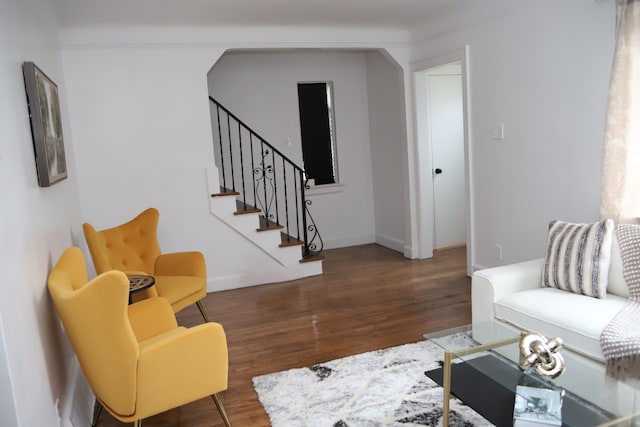 living room with dark hardwood / wood-style floors