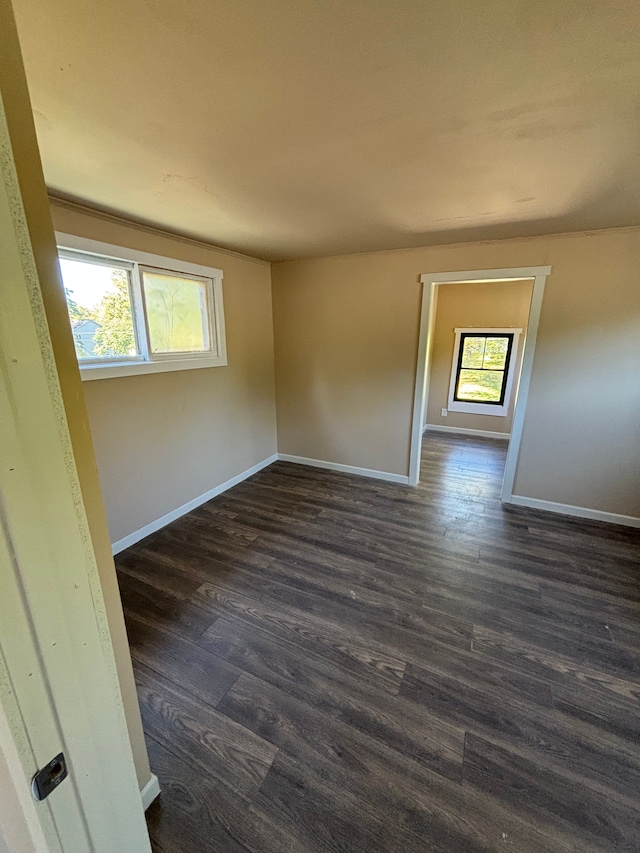 spare room with dark wood-style floors, a wealth of natural light, and baseboards