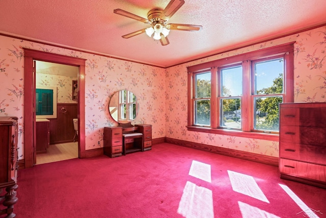 miscellaneous room with carpet, ceiling fan, ornamental molding, and a textured ceiling