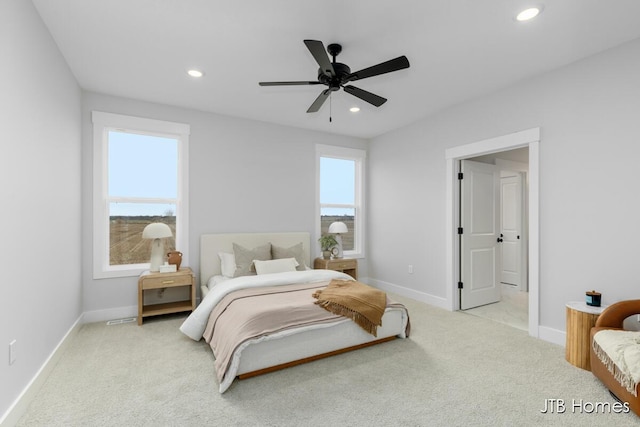 11376 Shoreline Dr Unit 115, Allendale, MI 49401 - bedroom featuring recessed lighting, baseboards, a ceiling fan, and light colored carpet
