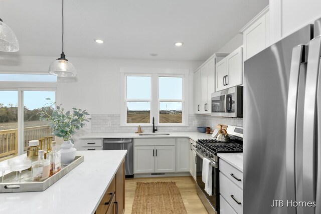 11376 Shoreline Dr Unit 115, Allendale, MI 49401 - kitchen featuring tasteful backsplash, a sink, light wood-style floors, stainless steel appliances, and light countertops