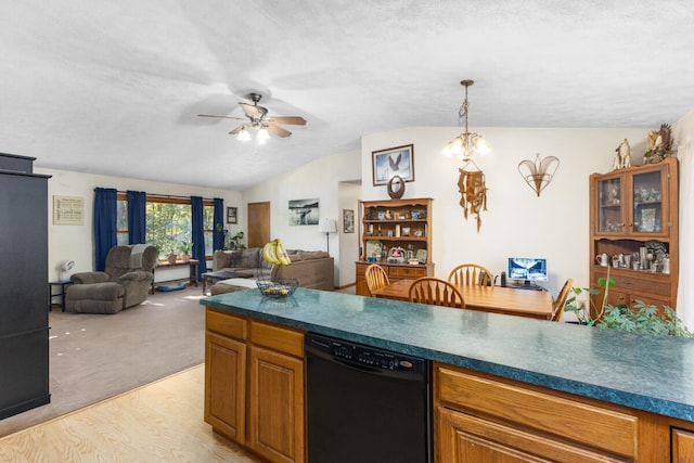 kitchen with lofted ceiling, decorative light fixtures, black dishwasher, light colored carpet, and ceiling fan with notable chandelier