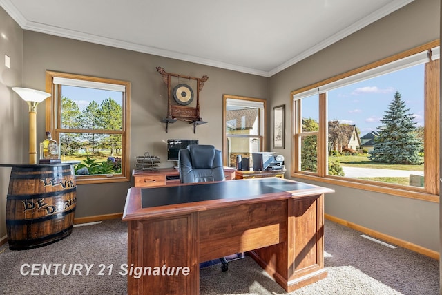 office area featuring dark colored carpet, ornamental molding, and a wealth of natural light