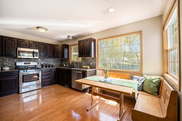 kitchen with appliances with stainless steel finishes, tasteful backsplash, dark brown cabinets, sink, and light hardwood / wood-style floors