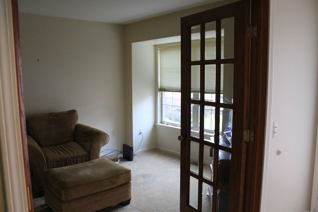 living area with light carpet