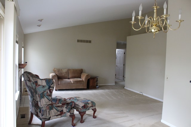 living room featuring lofted ceiling, light colored carpet, and a notable chandelier