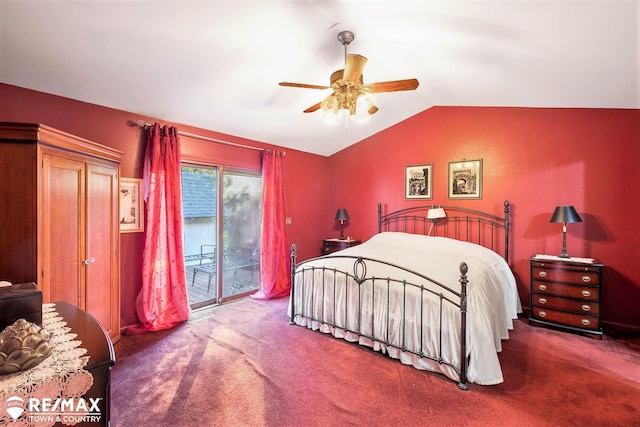 carpeted bedroom with access to exterior, ceiling fan, and vaulted ceiling