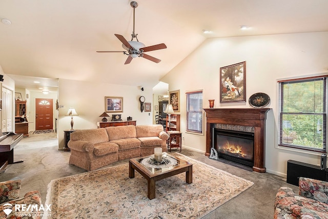 living room featuring carpet, high vaulted ceiling, and ceiling fan