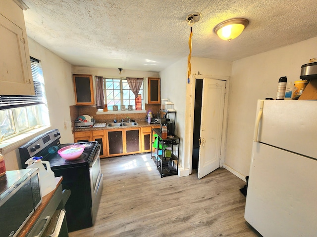 kitchen featuring sink, light wood-type flooring, a textured ceiling, tasteful backsplash, and stainless steel appliances