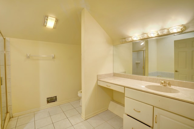 bathroom featuring tile patterned flooring, vaulted ceiling, an enclosed shower, toilet, and vanity