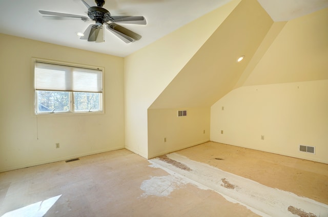 bonus room featuring ceiling fan and vaulted ceiling